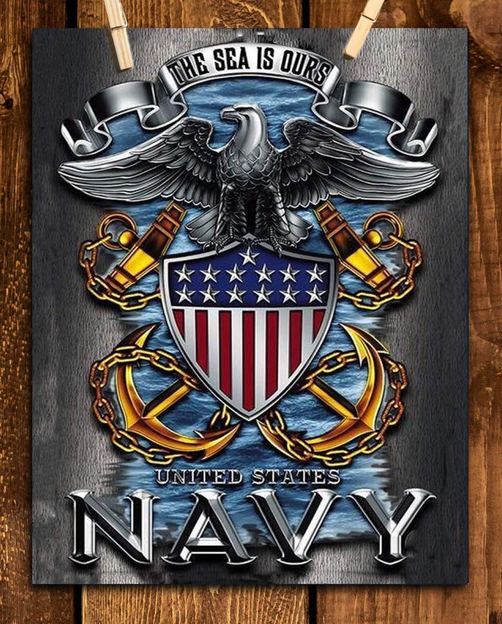 U.S. Navy Eagle Emblem Poster Print-8 x 10"- Naval Wall Art Prints-Ready To Frame."The Sea is Ours" with Eagle, Anchors &amp; Flag. Home-Office-Military Decor. Great Gift to Display Naval Military Pride!