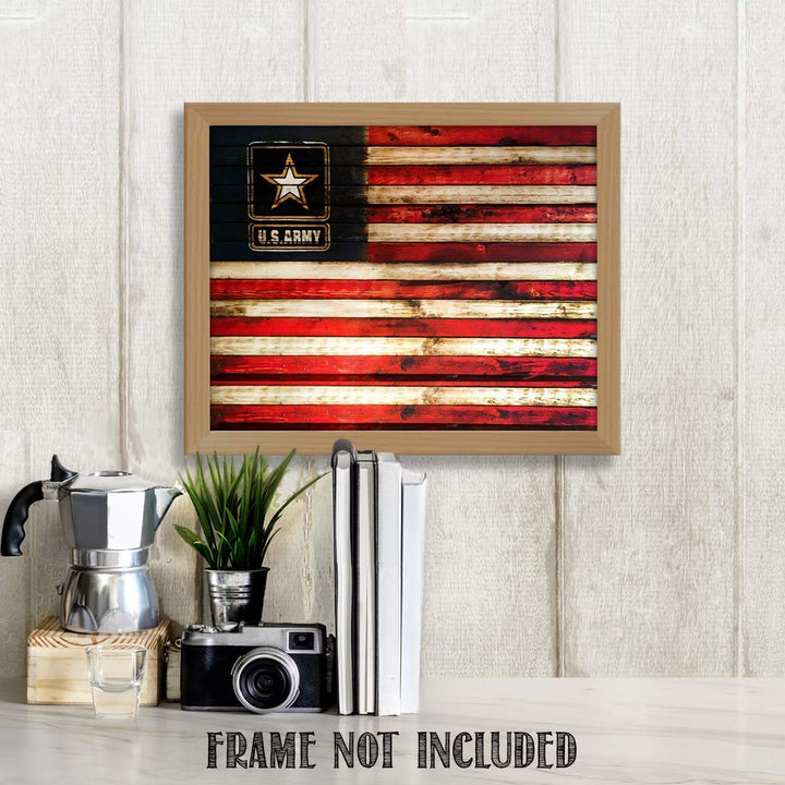 US Army Logo on USA Flag- Rustic Poster Print- 10 x 8"- Wall Art Prints- Ready To Frame- Distressed Flag Sign Replica Print. Home-Office-Military Decor. Display Your Pride &amp; Honor and Be Army Strong.