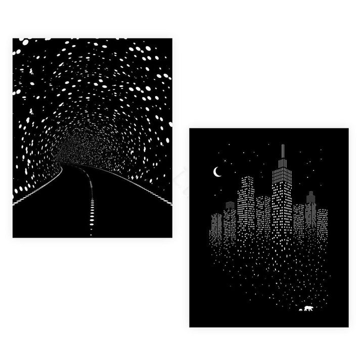 Illusive Road to Minimal City- Optical Illusion Prints Set (2) 8 x 10"- Abstract Wall Art-Ready to Frame. Modern Home-Studio-Office-Dorm D?cor. Very Cool Gift for Illusion Art Fans.