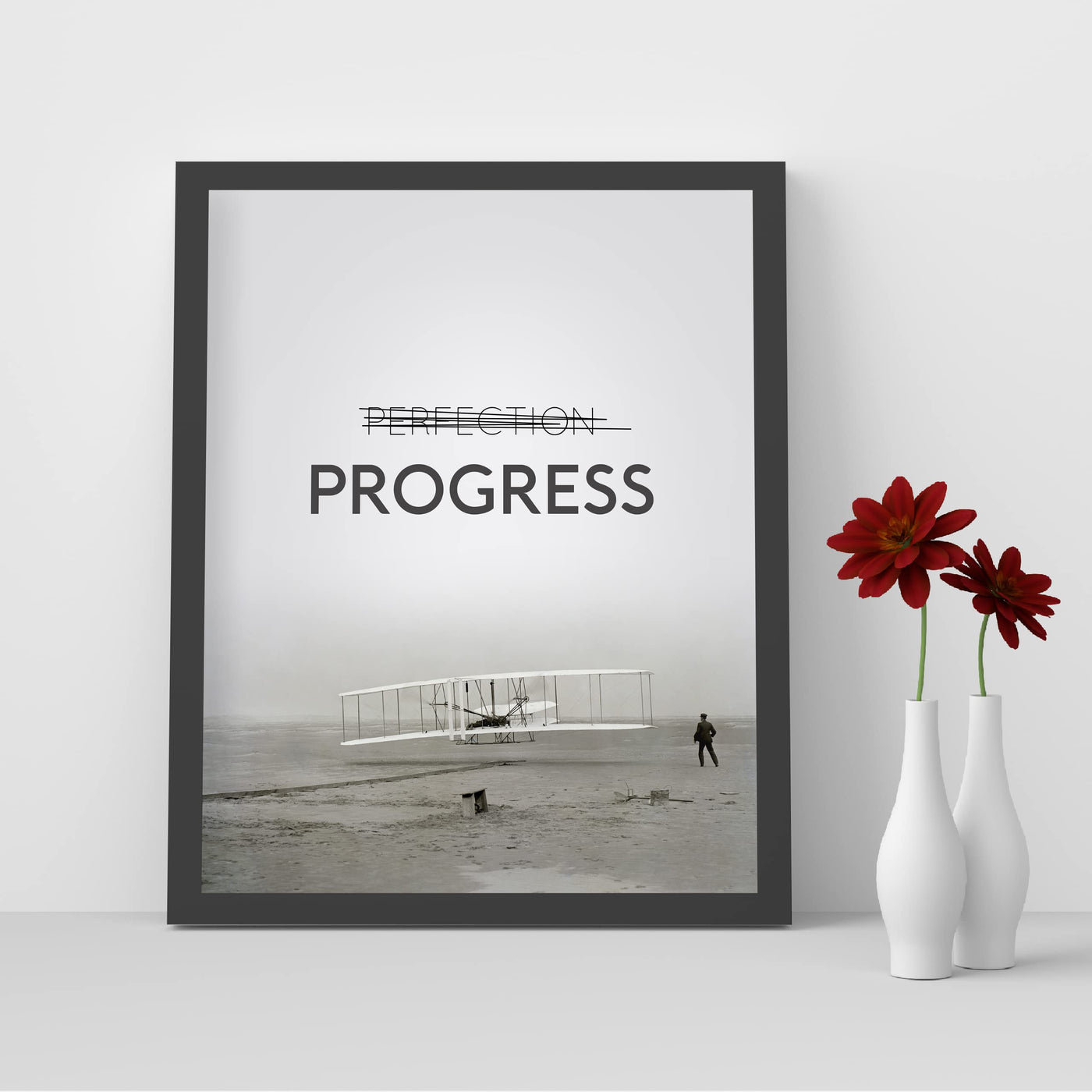 Progress Motivational Quotes Wall Art Sign -8 x 10" Black & White Vintage Airplane Picture Print -Ready to Frame. Inspirational Decor for Home-Office-Classroom-Gym. Great Gift for Motivation!