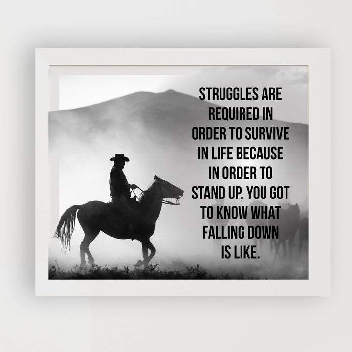 Struggles Are Required in Order to Survive Inspirational Western Wall Art-10x8" Rustic Mountain Print w/Cowboy Riding Horse-Ready to Frame. Farmhouse Decor for Home-Office-Barn. Great Life Lesson!