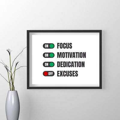 Turn On Focus-Motivation-Dedication Motivational Quotes Wall Art -14 x 11" Typographic Poster Print-Ready to Frame. Inspirational Home-Office-School-Dorm-Gym Decor. Great Sign-Turn Off Excuses!