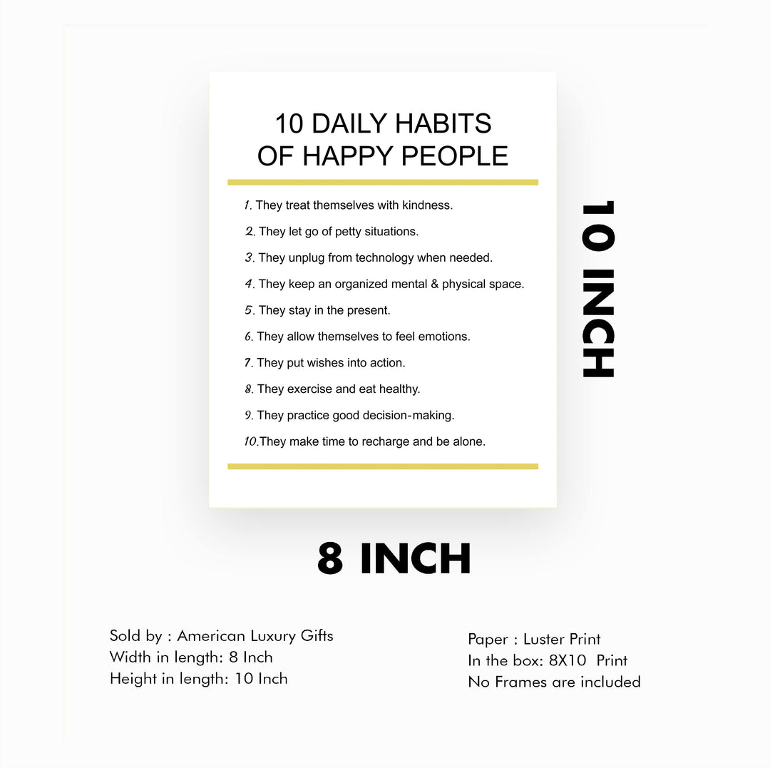 "10 Daily Habits of Happy People"-Motivational Quotes Wall Art -8x10" Inspirational Print -Ready to Frame. Home-Office-Classroom-Teen Decor. Great Gift for Teachers, Graduates, &amp; Motivation!