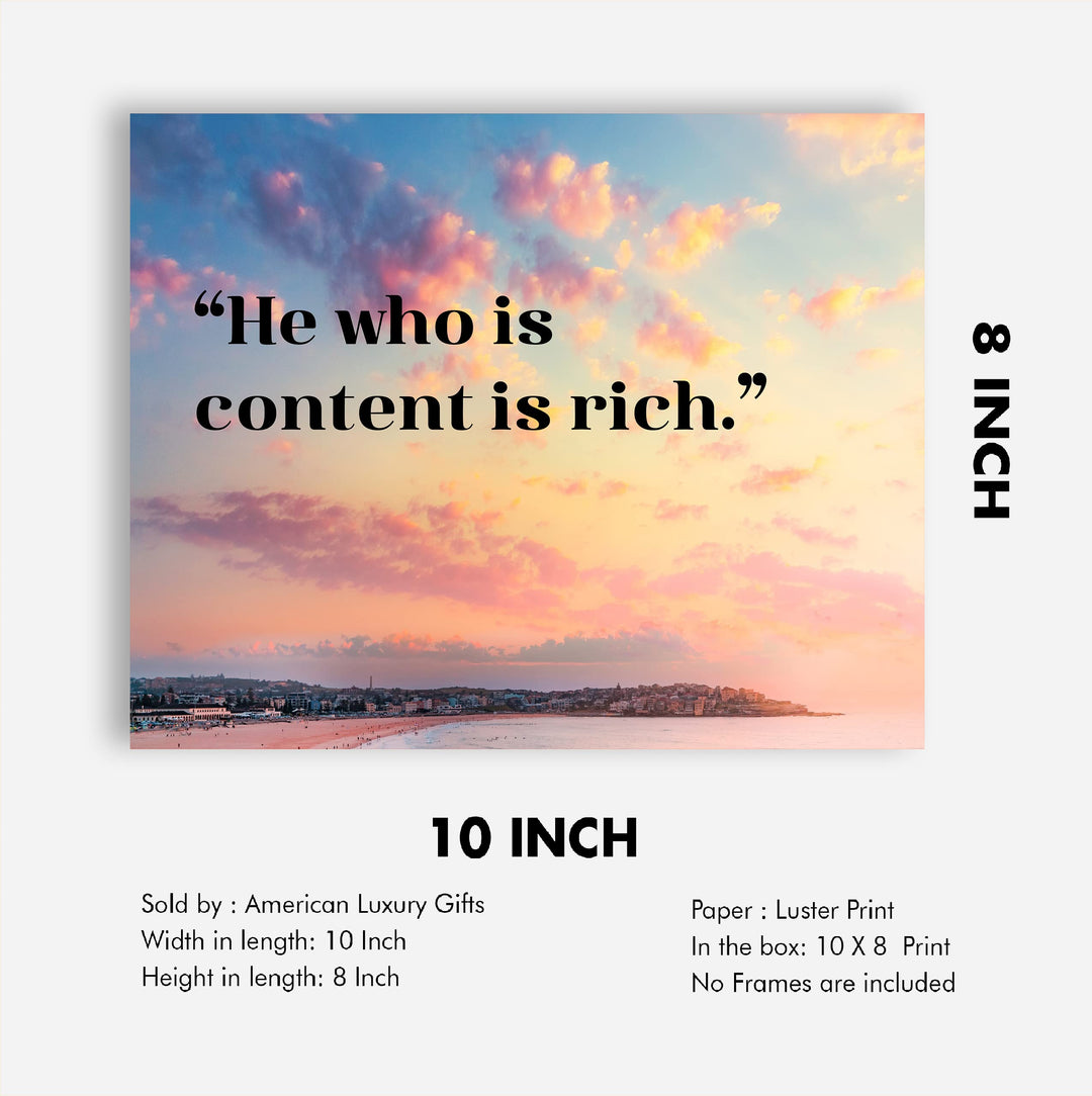 He Who Is Content Is Rich- Inspirational Quotes Wall Art -10 x 8"- Beach Sunset Picture Print -Ready to Frame. Spiritual Decor for Home-Office-School-Ocean Themes. Great Reminder to Be Grateful!
