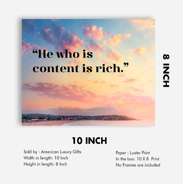 He Who Is Content Is Rich- Inspirational Quotes Wall Art -10 x 8"- Beach Sunset Picture Print -Ready to Frame. Spiritual Decor for Home-Office-School-Ocean Themes. Great Reminder to Be Grateful!