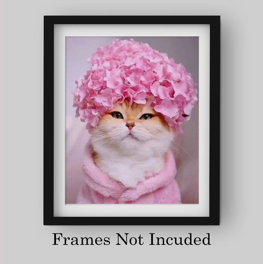 Cute Kitty Flower Hat 8 x 10"s Print Wall Art- Ready to Frame- Home Decor, Bedroom &amp; Modern Wall Prints for Animal &amp; Feline Theme Wall Decor. Fun Print. Great Gift For Cat Lovers.