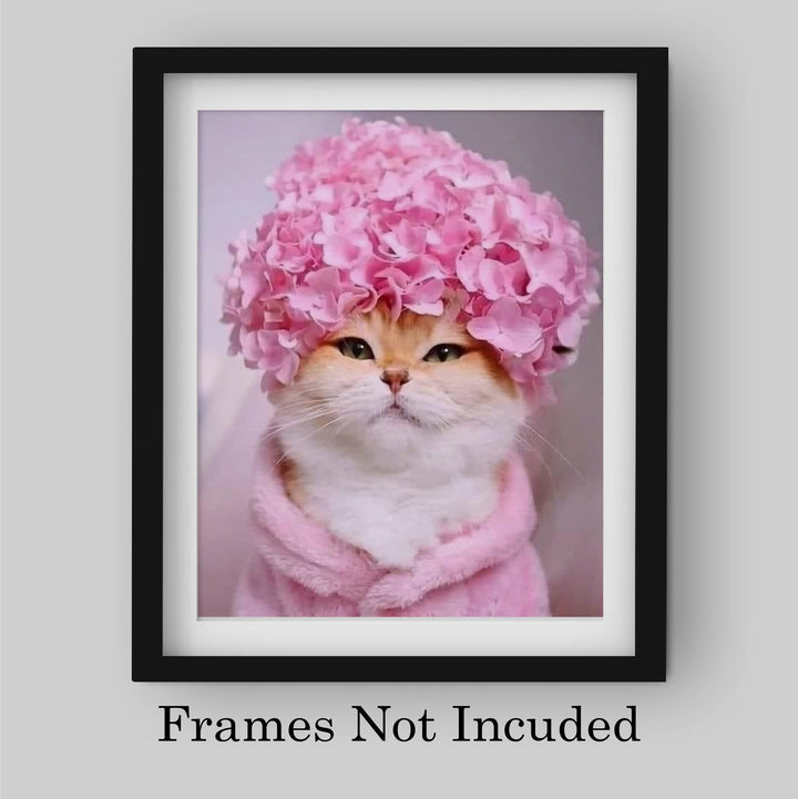 Cute Kitty Flower Hat 8 x 10"s Print Wall Art- Ready to Frame- Home Decor, Bedroom &amp; Modern Wall Prints for Animal &amp; Feline Theme Wall Decor. Fun Print. Great Gift For Cat Lovers.