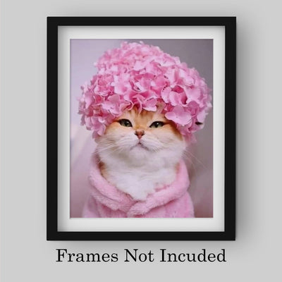 Cute Kitty Flower Hat 8 x 10"s Print Wall Art- Ready to Frame- Home Decor, Bedroom & Modern Wall Prints for Animal & Feline Theme Wall Decor. Fun Print. Great Gift For Cat Lovers.