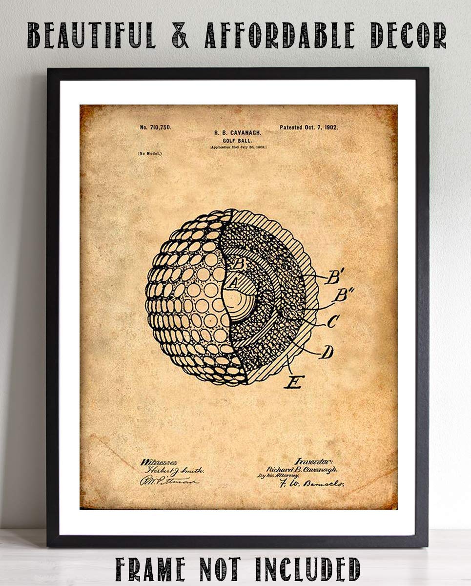 Golf Ball-Patent Print- 8 x10" Golf Wall Art Decor- Parchment Prints Replica- Ready To Frame. Golf Gifts- Home Decor- Office Decor. Great for Man Cave, Club House, Bar or 19th Hole.