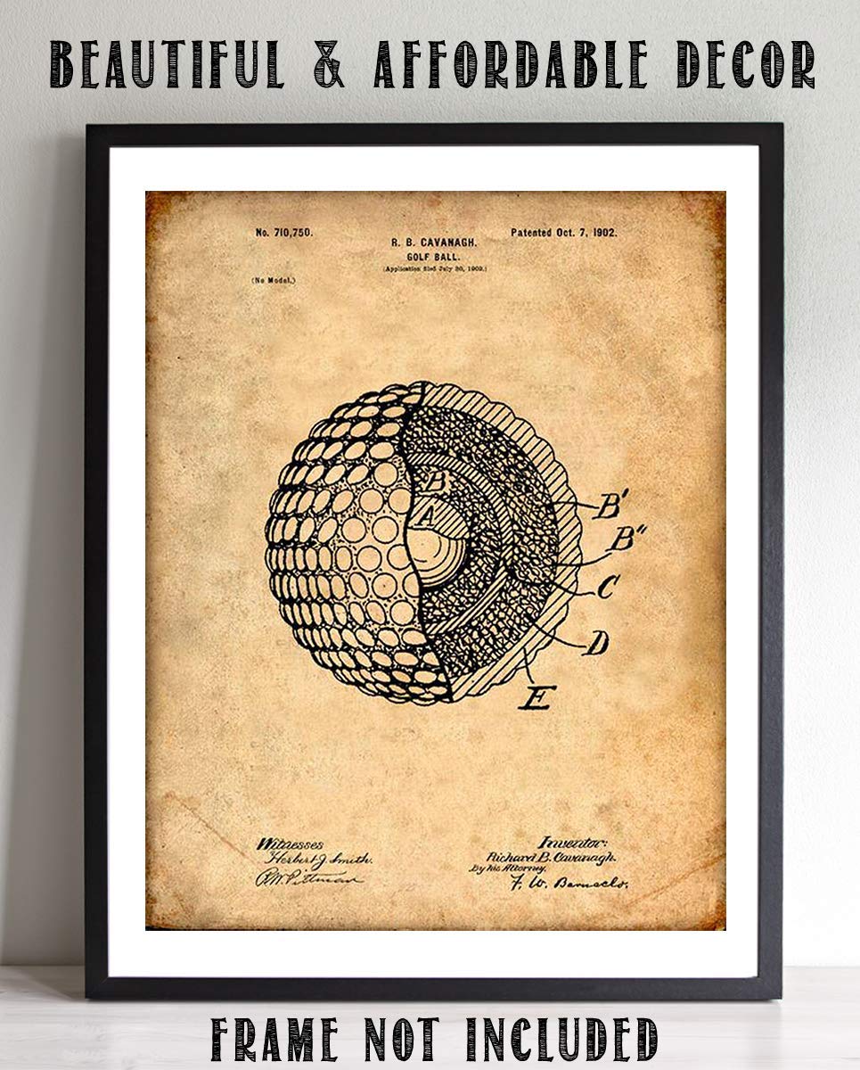 Golf Ball-Patent Print- 8 x10" Golf Wall Art Decor- Parchment Prints Replica- Ready To Frame. Golf Gifts- Home Decor- Office Decor. Great for Man Cave, Club House, Bar or 19th Hole.