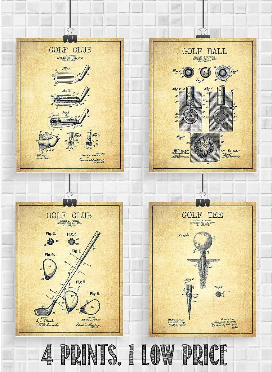Golf Patent Prints Set of 4-"Golf Ball-Tee &amp; Clubs" - 8 x10&
