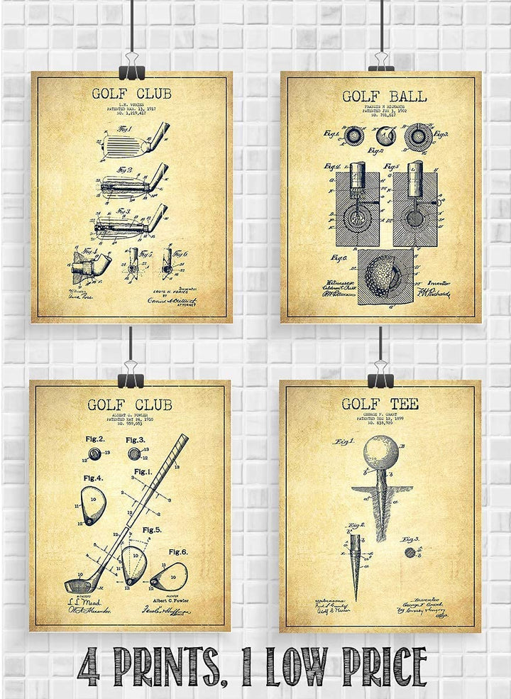 Golf Patent Prints Set of 4-"Golf Ball-Tee &amp; Clubs" - 8 x10&