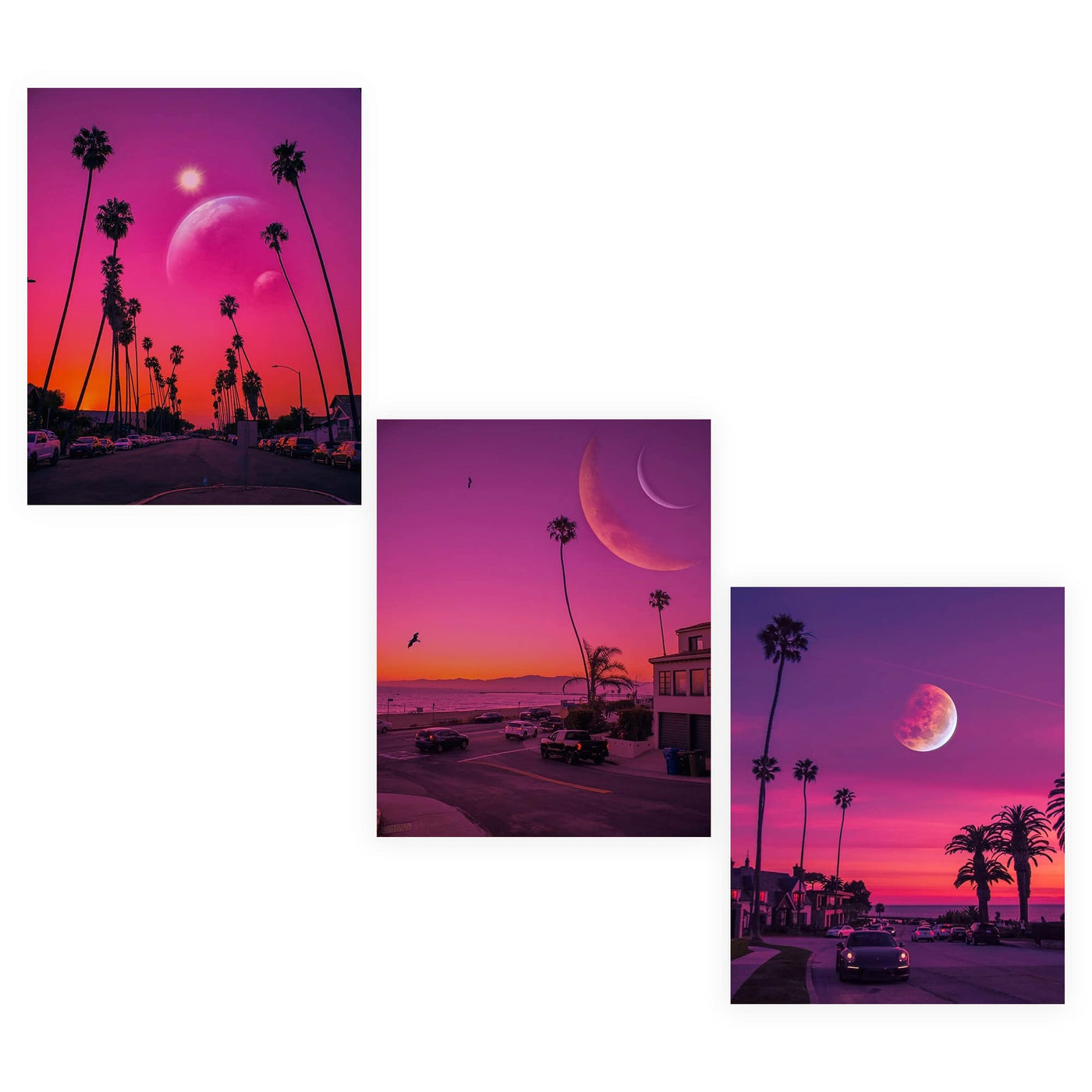 Purple Moons in Paradise Trio- 3 Image Set- Tropical Wall Art Prints- 8 x 10"s- Ready to Frame. Perfect Island Beach Pictures for Home-Beach House-Ocean Themed Decor. Great Gift for Beach Lovers!