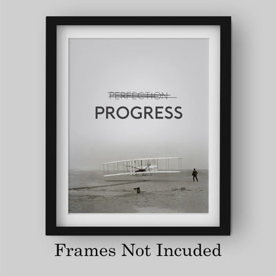 Progress Motivational Quotes Wall Art Sign -8 x 10" Black & White Vintage Airplane Picture Print -Ready to Frame. Inspirational Decor for Home-Office-Classroom-Gym. Great Gift for Motivation!