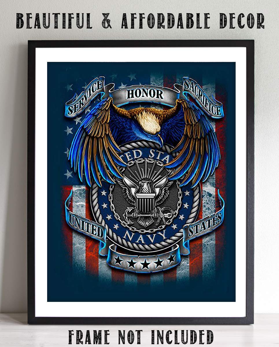 U.S. Navy Creed-SSS Poster Print- 8 x 10"- Naval Wall Art Prints-Ready To Frame-"Service-Honor-Sacrifice" Beliefs with Eagle &amp; Flag. Home-Office-Military Decor. Great Gift for Your Sailors!