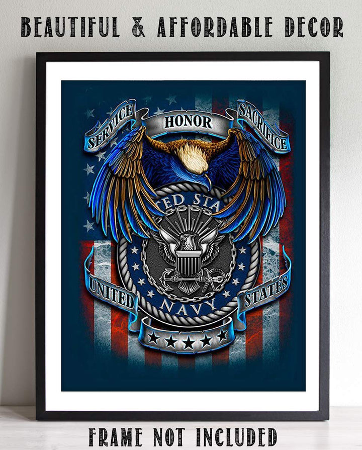 U.S. Navy Creed-SSS Poster Print- 8 x 10"- Naval Wall Art Prints-Ready To Frame-"Service-Honor-Sacrifice" Beliefs with Eagle &amp; Flag. Home-Office-Military Decor. Great Gift for Your Sailors!
