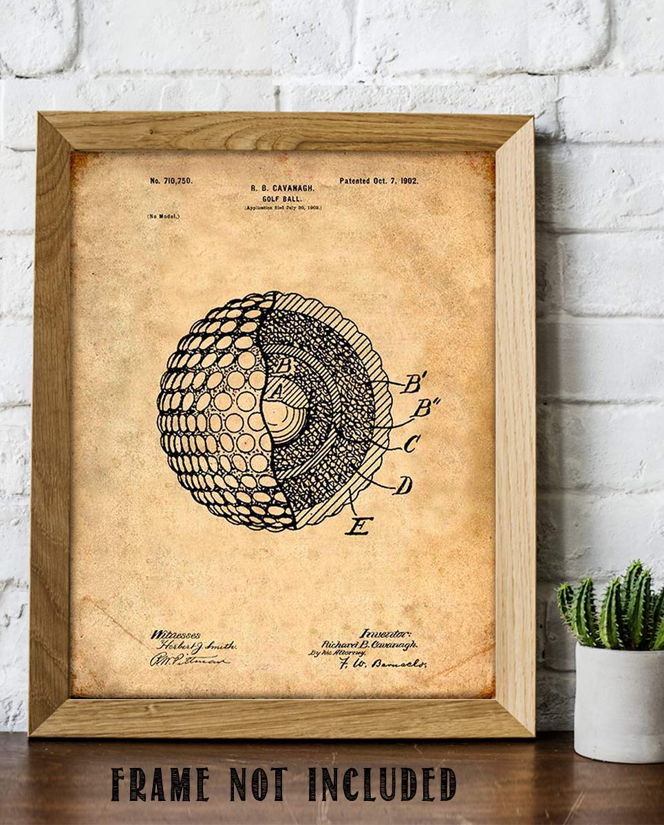 Golf Ball-Patent Print- 8 x10" Golf Wall Art Decor- Parchment Prints Replica- Ready To Frame. Golf Gifts- Home Decor- Office Decor. Great for Man Cave, Club House, Bar or 19th Hole.