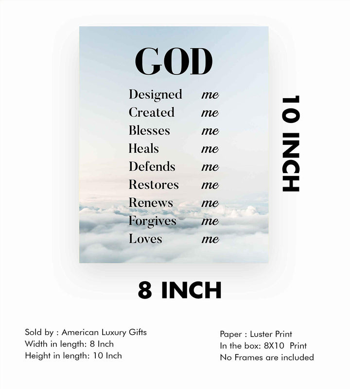 God Created-Blesses-Restores-Loves Me-Spiritual Wall Art-8 x 10" Modern Typographic Poster Print-Ready to Frame. Inspirational Home-Office-Church D?cor. Great Christian Gift of God&