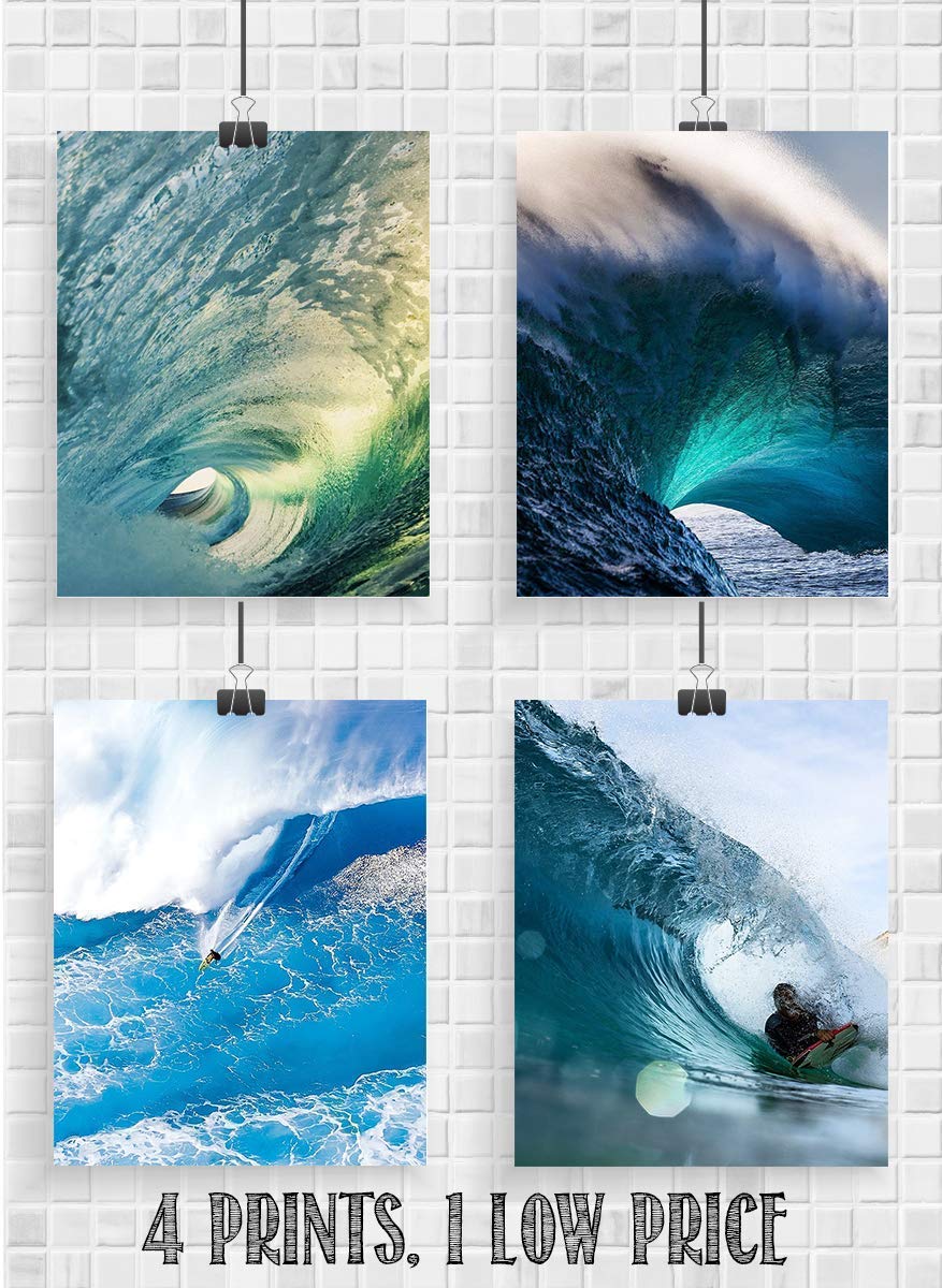 Surfing Lovers Monster Wave Set- 4 Piece Art Image Set of 8 x 10 Prints Ready to Frame. Modern Home D?cor, Office D?cor &amp; Wall Prints for Beach, Ocean and Surfing Themed Decor. Makes a Perfect Gift!