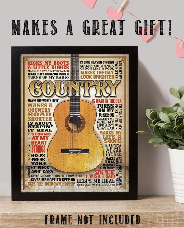 Country Music- Guitar Quotes Wall Art- 8 x 10 Funny Wall Print- Ready To Frame- Typography Print of Fun Country Music Sayings. Home Decor- Bar- Man Cave Decor. Perfect for All Country Music Fans.