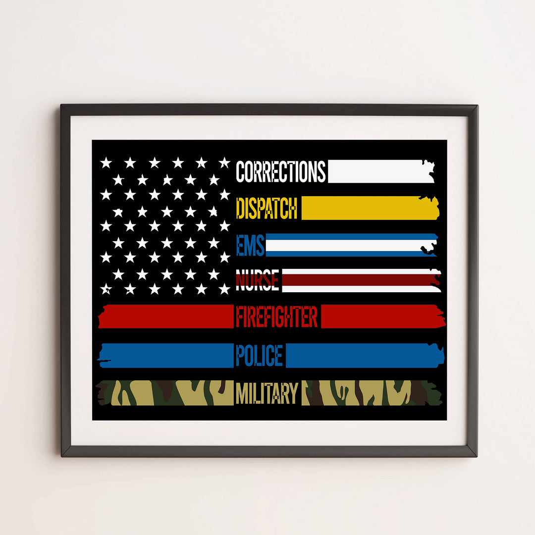 Military &amp; First Responders-Real American Heroes Patriotic Wall Art -14 x 11" Rustic American Flag Poster Print-Ready to Frame. Home-Office-Bar-Cave-School Decor. Show Your Respect! Great Gift!