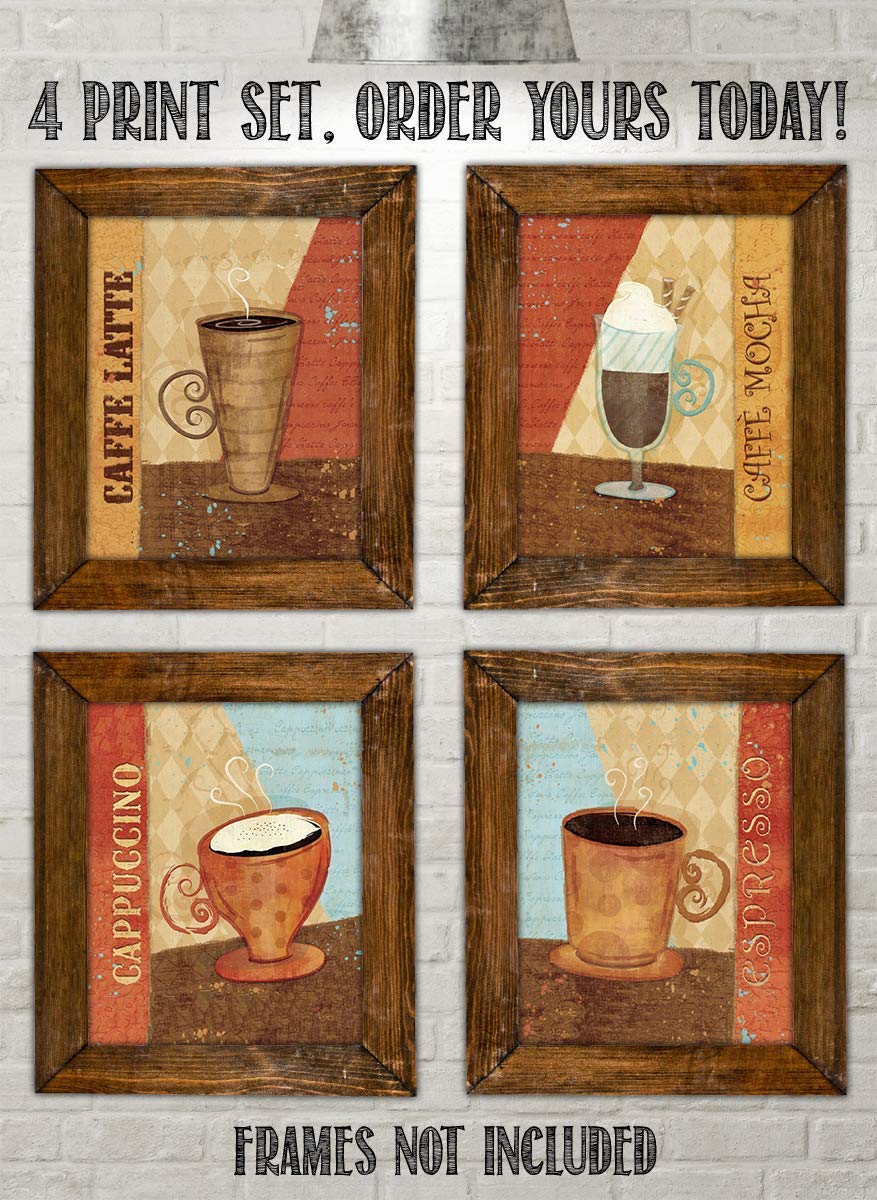 Coffee Fine Art Wall Set of (4)- 8 x 10"s Wall Art Prints- Ready to Frame. Latte, Espresso, Cappuccino &amp; Mocha Home D?cor, Coffee Decor &amp; Kitchen Wall Decor. Perfect For Coffee Lovers &amp; Coffee Bars.