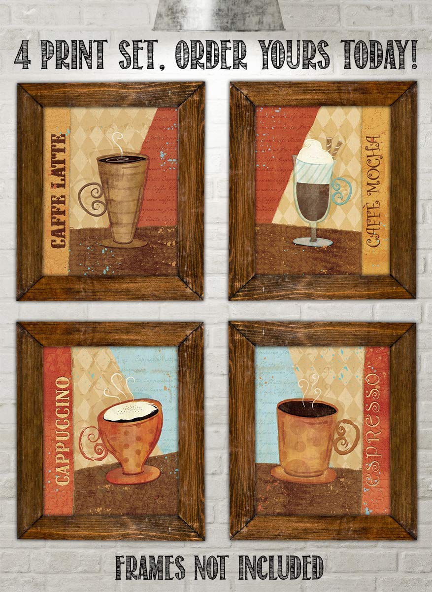 Coffee Fine Art Wall Set of (4)- 8 x 10"s Wall Art Prints- Ready to Frame. Latte, Espresso, Cappuccino & Mocha Home D?cor, Coffee Decor & Kitchen Wall Decor. Perfect For Coffee Lovers & Coffee Bars.