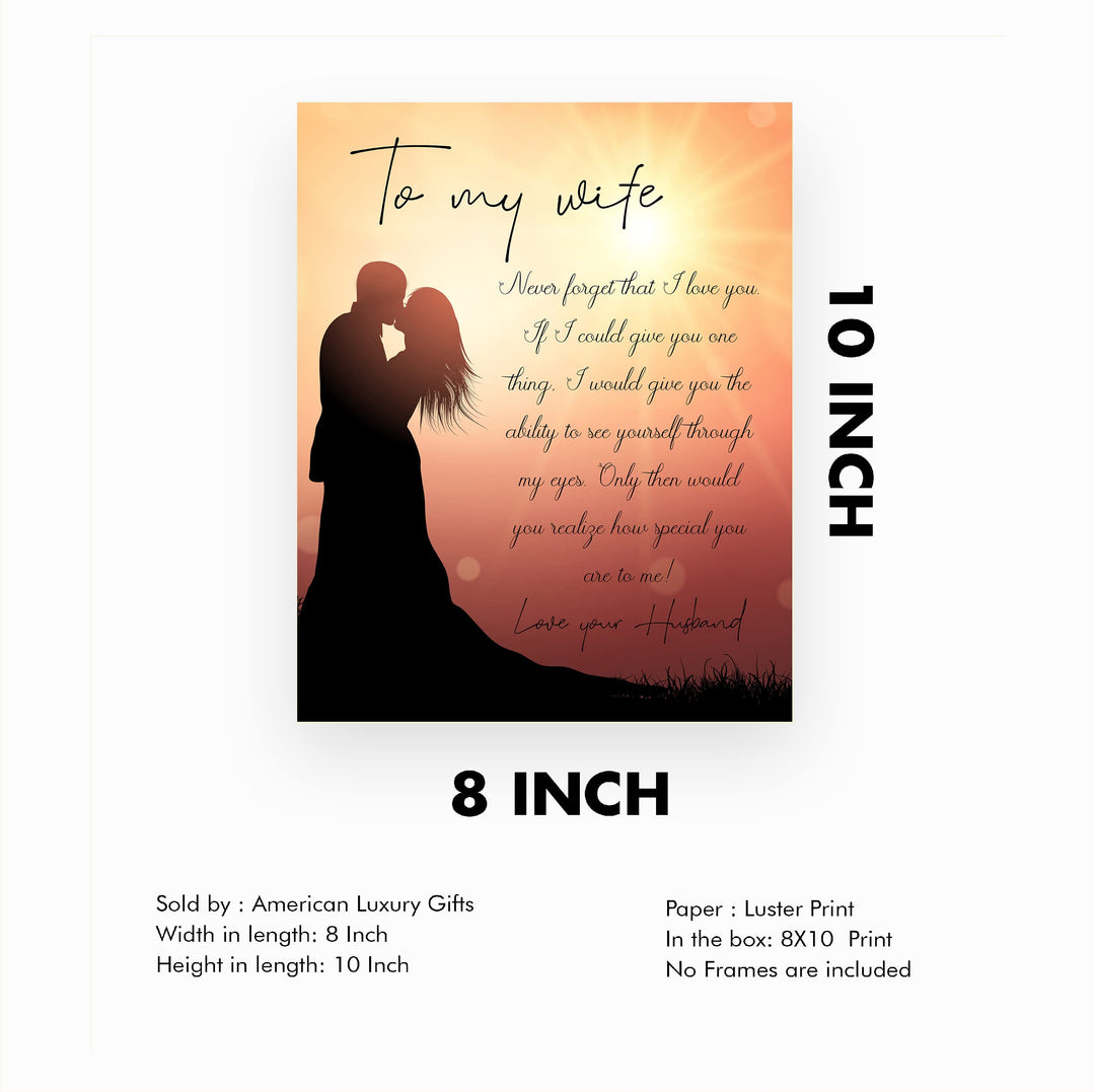 To My Wife-Never Forget I Love You Marriage Quotes Wall Art Decor -8 x10" Sunset Picture w/Couple Silhouette Image -Ready to Frame. Perfect for Spouses &amp; Newlyweds. Great Wedding-Anniversary Gift!