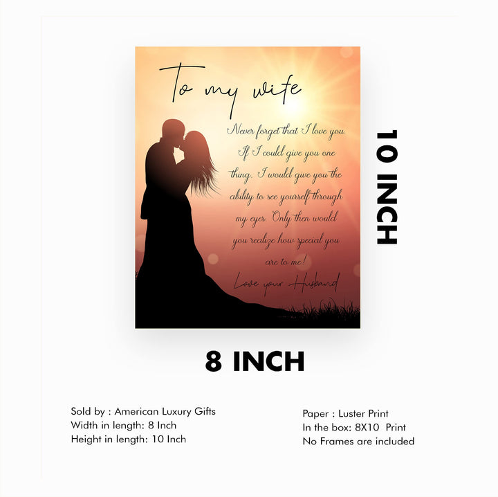 To My Wife-Never Forget I Love You Marriage Quotes Wall Art Decor -8 x10" Sunset Picture w/Couple Silhouette Image -Ready to Frame. Perfect for Spouses &amp; Newlyweds. Great Wedding-Anniversary Gift!