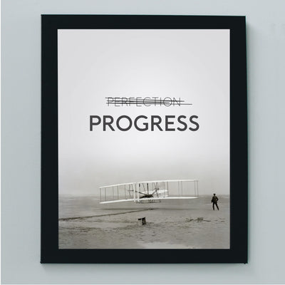 Progress Motivational Quotes Wall Art Sign -8 x 10" Black & White Vintage Airplane Picture Print -Ready to Frame. Inspirational Decor for Home-Office-Classroom-Gym. Great Gift for Motivation!