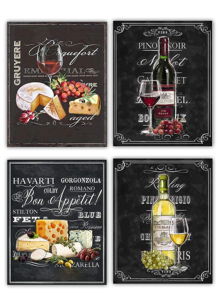 Wine &amp; Cheese Varieties Chalkboard Replica Prints Set (4)- 8 x 10"s Wall Art Prints-Ready to Frame. Home D?cor, Wine Decor &amp; Dining Wall Decor. Perfect For Wine Lovers &amp; Upscale Bars. Classy Addition!