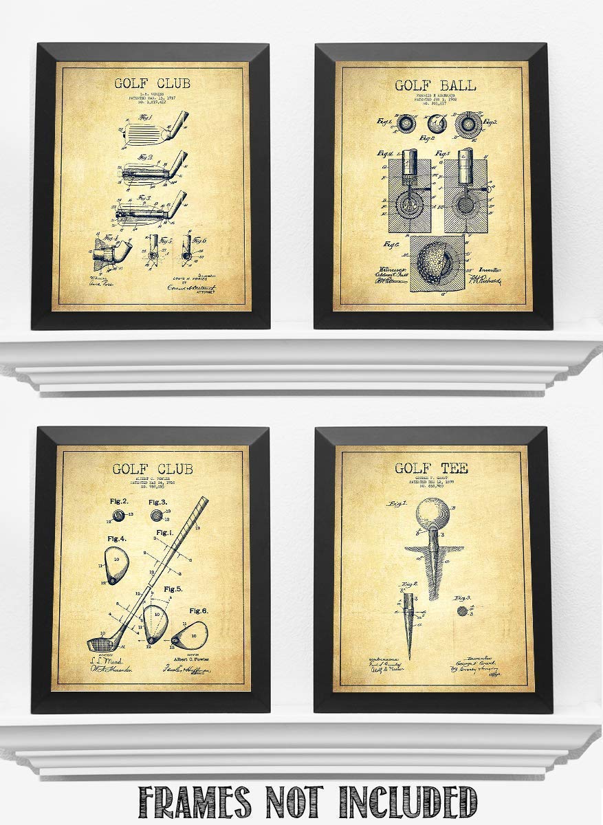 Golf Patent Prints Set of 4-"Golf Ball-Tee &amp; Clubs" - 8 x10&