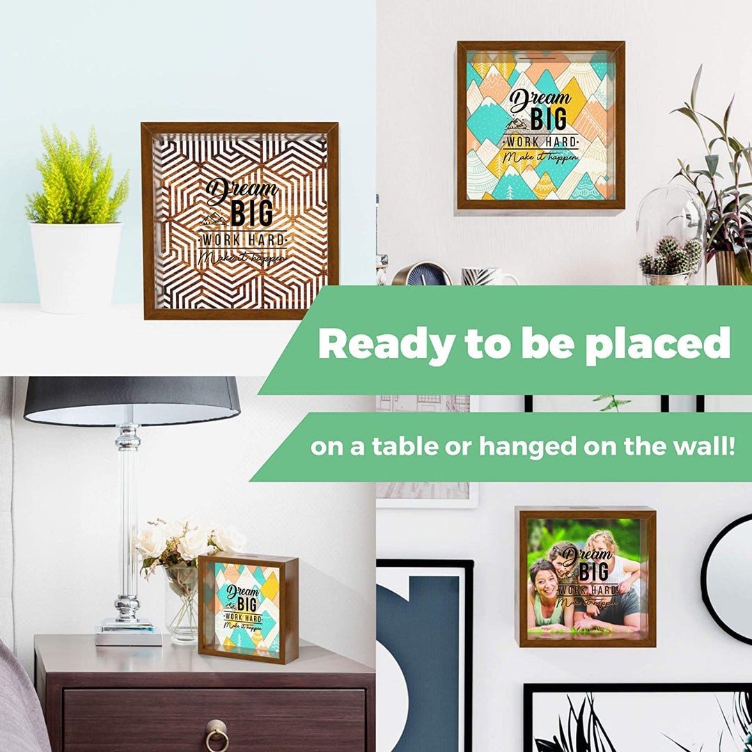 Dream Big Work Hard Motivational Gift Shadow Box Wall Decor -6x6x2" Wooden Themed Display Case - Keepsake Piggy Bank Gift for Home, Office, Bedroom Decor -Fun &amp; Unique Gift for Friends &amp; Family!