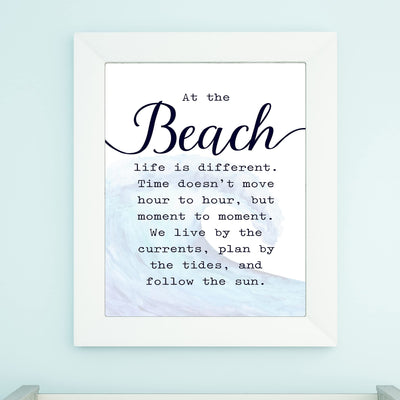 At the Beach-Life Is Different Inspirational Beach Wall Sign -11 x 14" Ocean Wave Wall Art Print-Ready to Frame. Rustic Coastal Decor for Home-Beach House-Nautical Themes! Great Reminder to Relax!