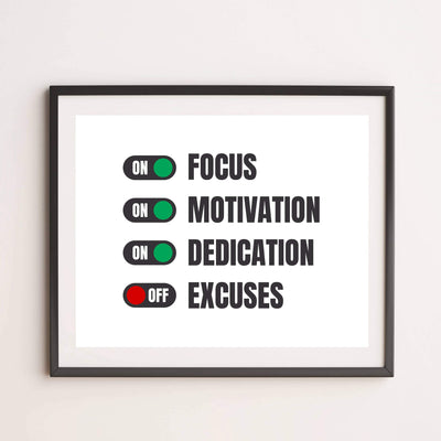 Turn On Focus-Motivation-Dedication Motivational Quotes Wall Art -14 x 11" Typographic Poster Print-Ready to Frame. Inspirational Home-Office-School-Dorm-Gym Decor. Great Sign-Turn Off Excuses!