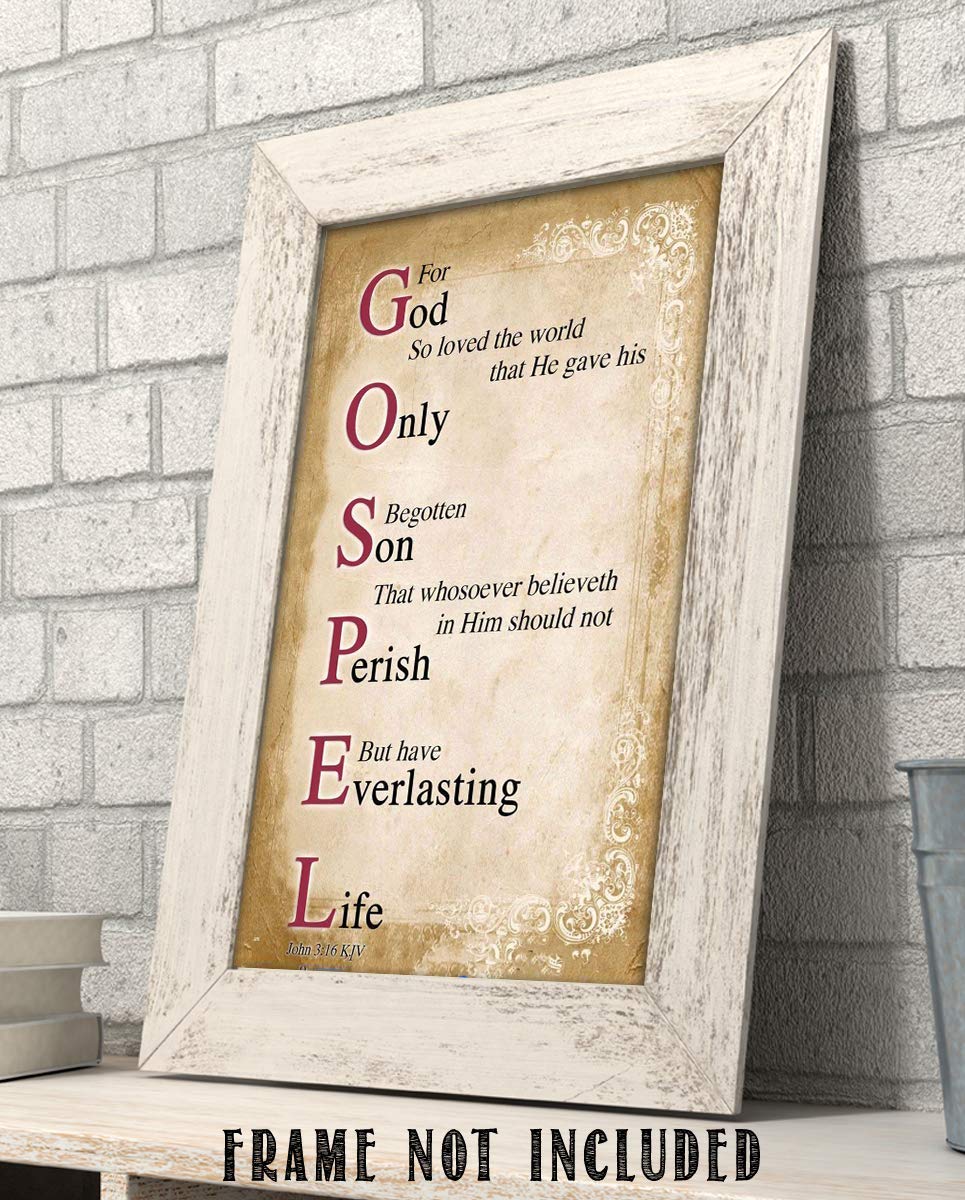 Gospel Sign- For God So Loved the World- John 3:16-Bible Verse Wall Art. 8 x 10"-Scripture Wall Print-Ready to Frame. Distressed Typographic-Parchment Design. Home-Office-Church D?cor. Best Verse!