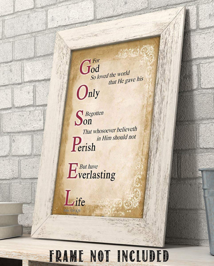 Gospel Sign- For God So Loved the World- John 3:16-Bible Verse Wall Art. 8 x 10"-Scripture Wall Print-Ready to Frame. Distressed Typographic-Parchment Design. Home-Office-Church D?cor. Best Verse!