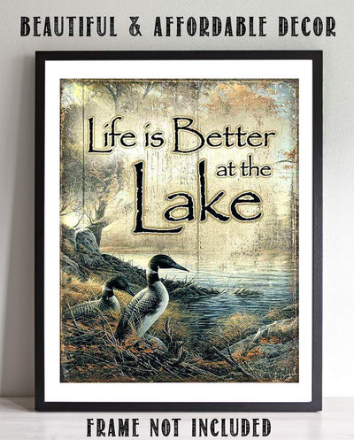 Life Is Better At The Lake- Rustic Sign Print-8 x 10" Wall Art Print-Ready to Frame. Distressed Wood Sign Replica Print. Vintage Wall Decor Perfect for Home-Cabin-Deck-Lodge-Lake. Make a Great Gift!