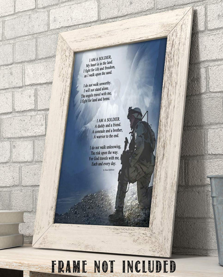 I Am a Soldier- Prayer Wall Art Print-8 x 10"-Ready to Frame. Soldier Kneeling w/Angels Protection. Home- Office D?cor- Christian Gifts. Inspiring &amp; Encouraging Quotes for All Military &amp; Family.
