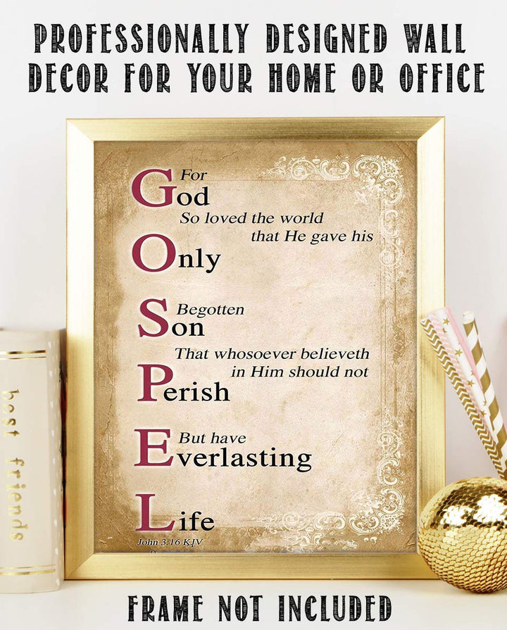 Gospel Sign- For God So Loved the World- John 3:16-Bible Verse Wall Art. 8 x 10"-Scripture Wall Print-Ready to Frame. Distressed Typographic-Parchment Design. Home-Office-Church D?cor. Best Verse!