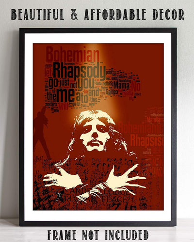 Freddie Mercury-"Bohemian Rhapsody" Abstract Word Art Print- 8 x 10 Wall Print- Ready To Frame- Queens Classic Song Poster. Home Decor-Studio-Bar-Man Cave Decor. Perfect Gift For All Rock Music Lovers