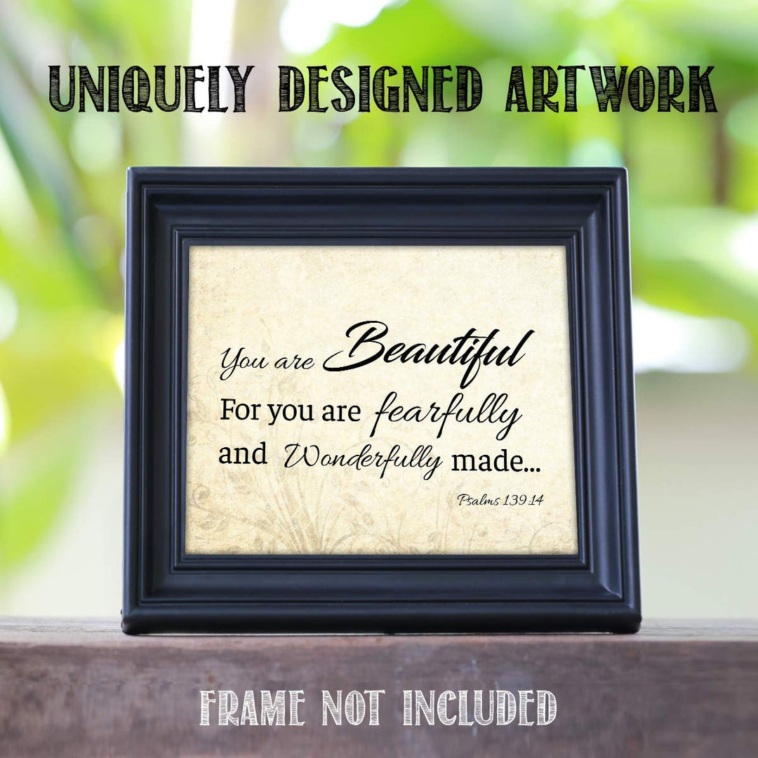 You are Beautiful. Fearfully &amp; Wonderfully Made-Psalm 139:14- Bible Verse Wall Art. 10 x 8"-Scripture Wall Print-Ready to Frame. Modern Typographic Floral Design. Home-Office D?cor. Christian Gifts.