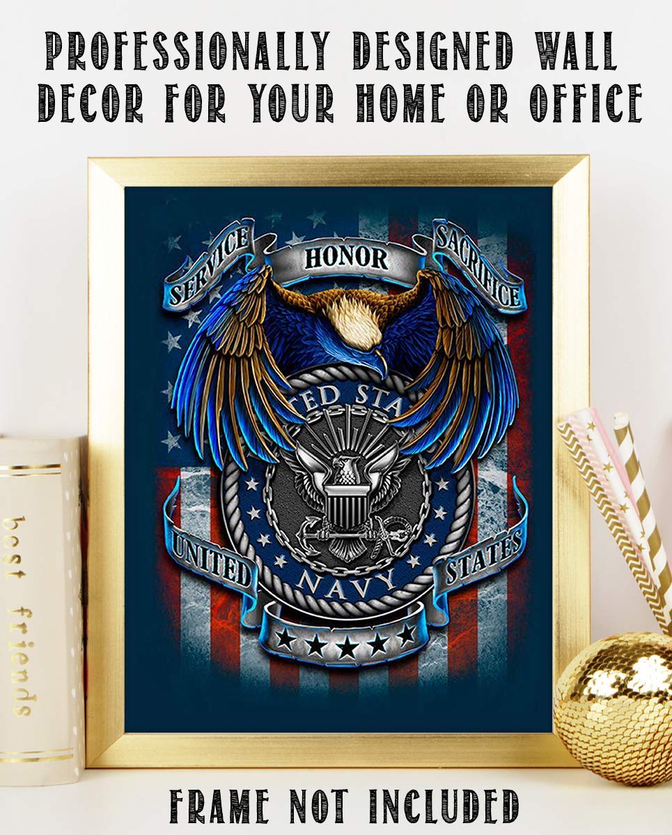 U.S. Navy Creed-SSS Poster Print- 8 x 10"- Naval Wall Art Prints-Ready To Frame-"Service-Honor-Sacrifice" Beliefs with Eagle &amp; Flag. Home-Office-Military Decor. Great Gift for Your Sailors!