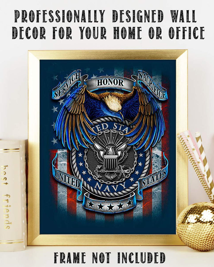 U.S. Navy Creed-SSS Poster Print- 8 x 10"- Naval Wall Art Prints-Ready To Frame-"Service-Honor-Sacrifice" Beliefs with Eagle &amp; Flag. Home-Office-Military Decor. Great Gift for Your Sailors!
