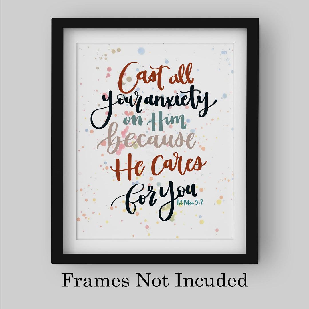 Cast All Your Anxiety On Him Bible Verse Wall Art Decor -8 x 10" Inspirational Christian Scripture Print -Ready to Frame. Religious Decoration for Home-Office-Church-School Decor. 1 Peter 5:7.