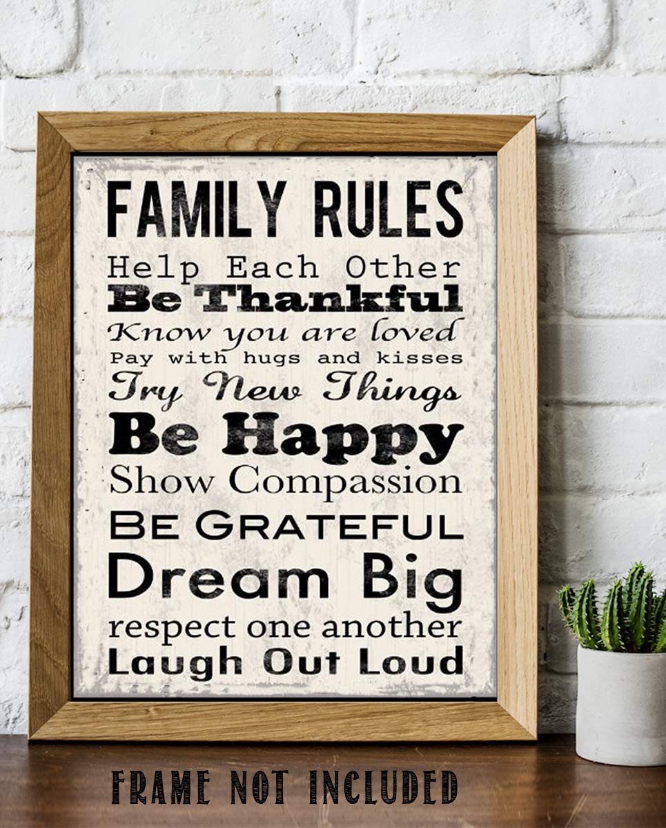 Family Rules Sign-"Be Thankful-Happy-LOL"- Wall Art- 8 x 10" Print Wall Decor-Ready to Frame. Distressed Sign Replica Print for Home. Great Reminders to Love, Appreciate & Respect. Great Sign for ALL!