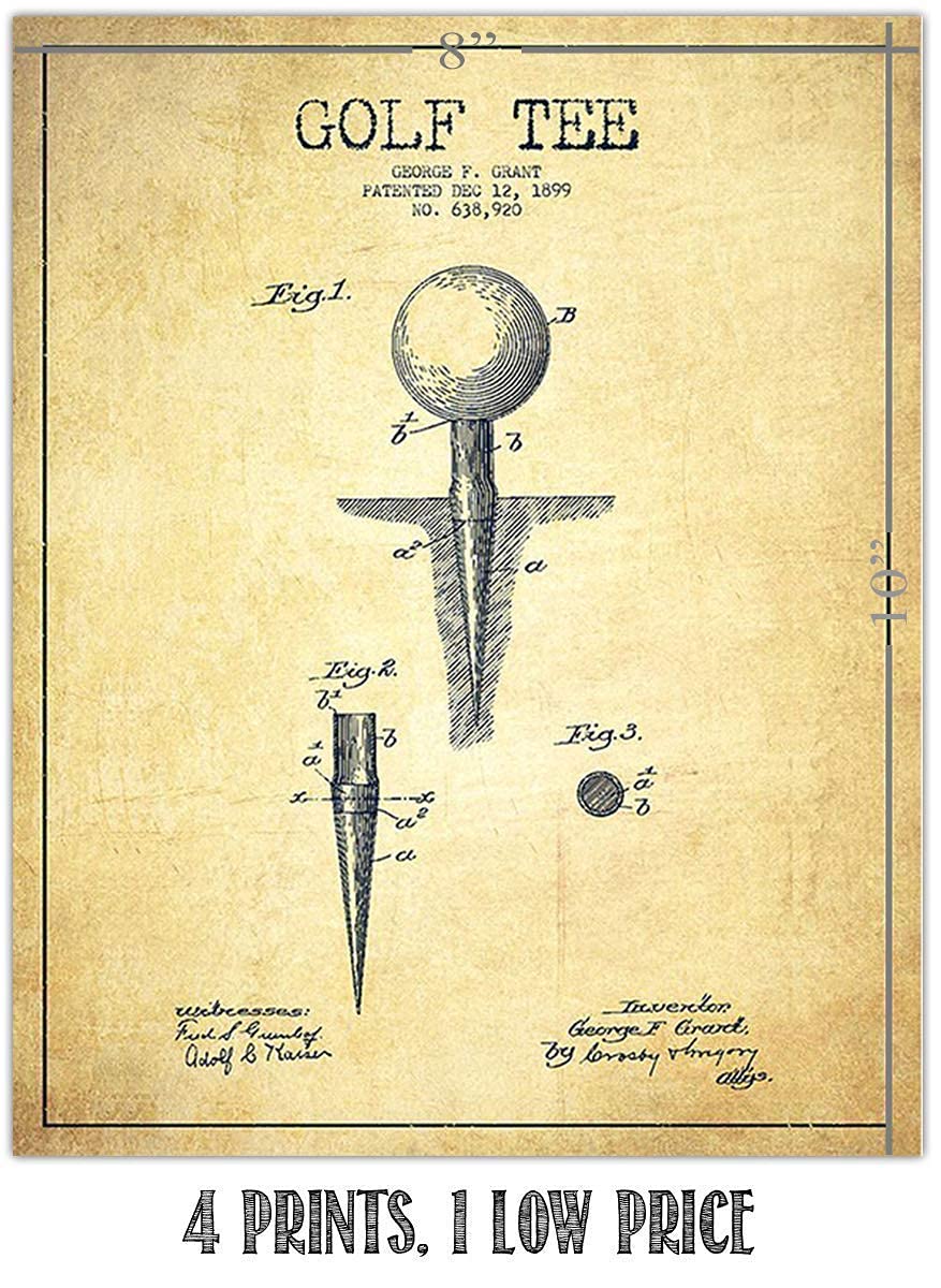Golf Patent Prints Set of 4-"Golf Ball-Tee &amp; Clubs" - 8 x10&