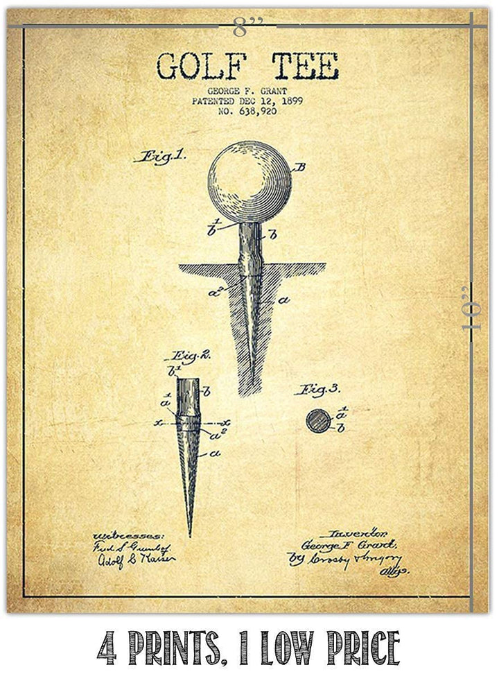 Golf Patent Prints Set of 4-"Golf Ball-Tee &amp; Clubs" - 8 x10&