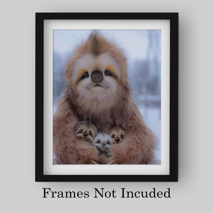 Happy Momma Sloth With Her Babies-8 x 10" Funny Animals Print Wall Art -Ready to Frame. Wild Animals Decor for Home-Office-Science Classroom-Library. Perfect Photo for Zoo, Animal, &amp; Jungle Themes!