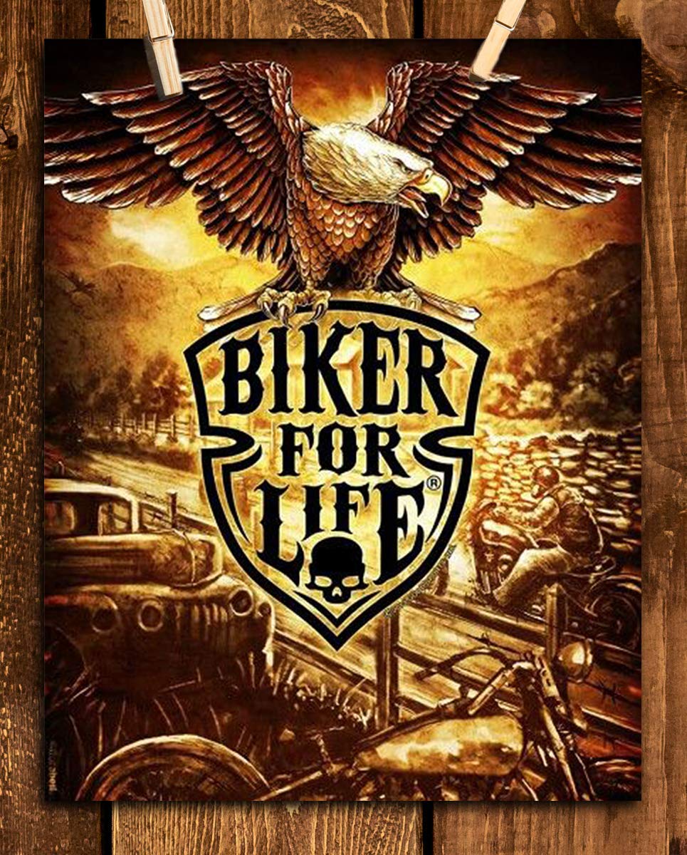 Biker for Life- Wall Art Print- 8 x10 Retro Wall Decor Design w/Eagle & Motorcycles- Ready To Frame. Harley Davidson-Motorcycle Gifts. Home Decor-Office Decor. Perfect Gift for Man Cave-Bar-Garage.